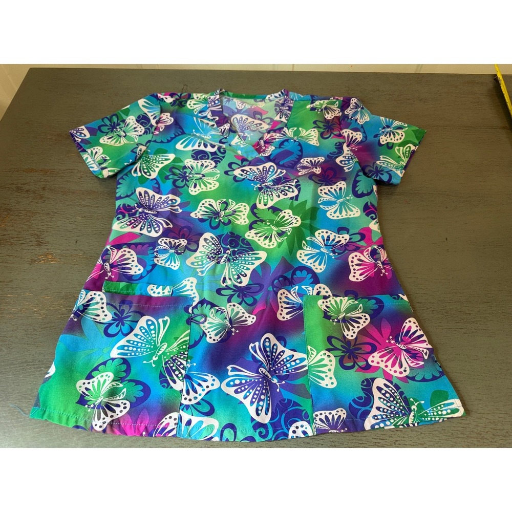 GT Performance Women Scrub Top Butterfly Floral Print Blue Green Purple V-Neck